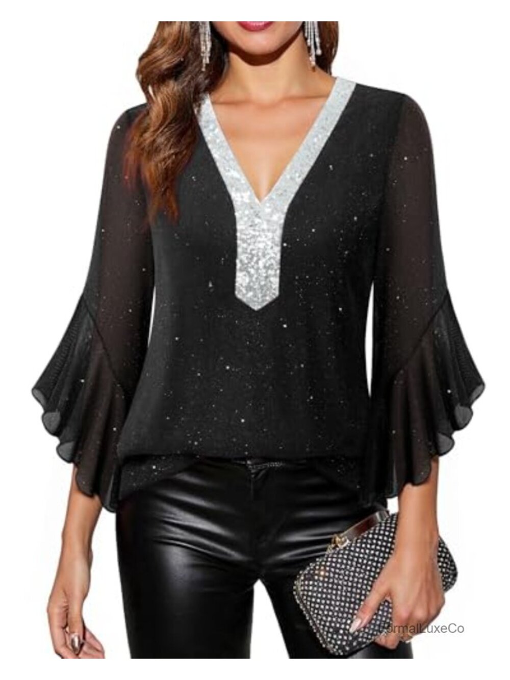 Women's Sequin V Neck Ruffle 3/4 Sleeve Blouse Dressy Sparkly Party Top